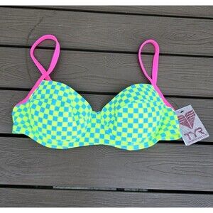 TYR Women Checkered Neon/blue Push Up Underwire Bikini Top Size L NEW